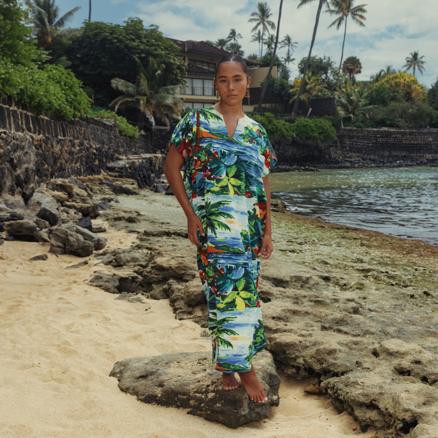 slim fit dress slacks Nalani Long Rayon Hawaiian Dress Maxi V-Neck Tea Length Aqua / M main image 1