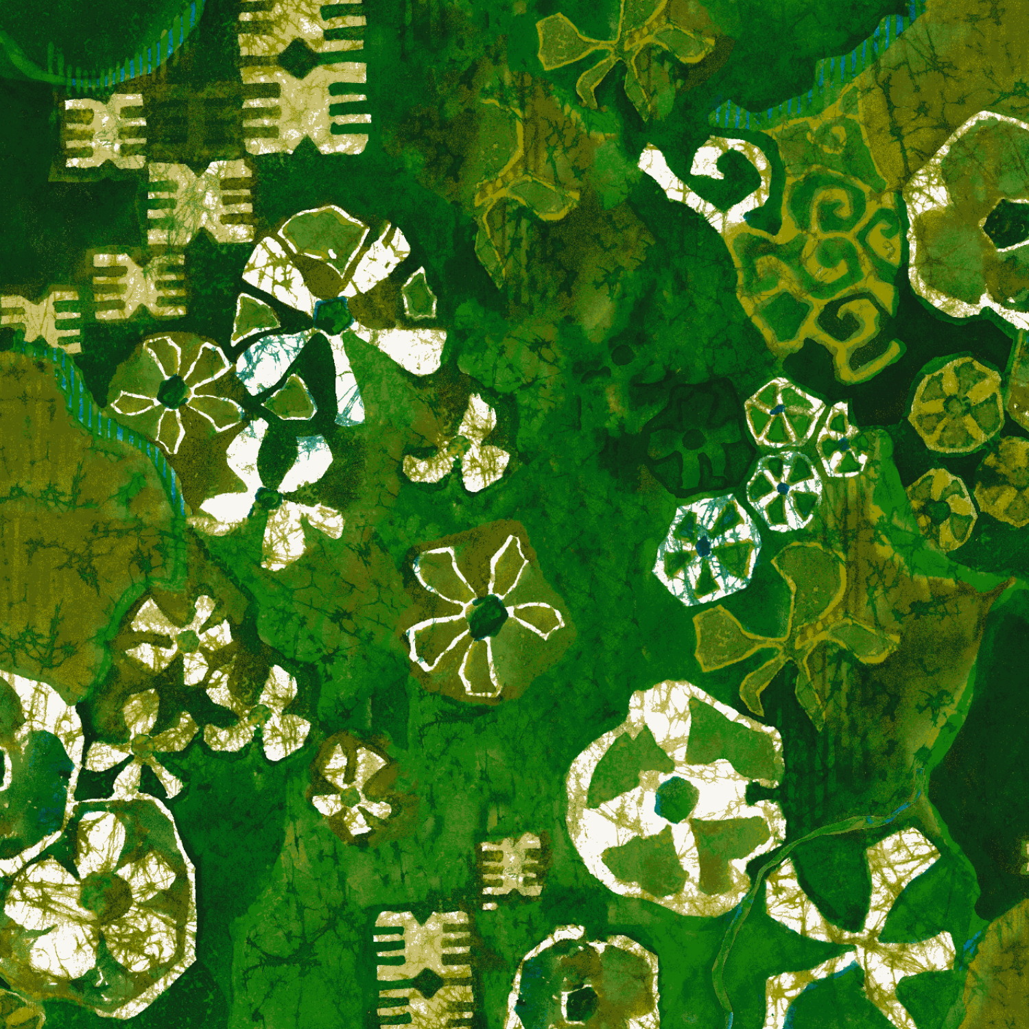 A close-up view of a highly textured fabric pattern, dominated by shades of deep jungle green, olive green, and dark moss green. The abstract pattern is created in a batik or tie-dye style with a cracked texture. It features stylized floral shapes and bold, geometric, tribal-like symbols in contrasting cream/off-white and olive-green.