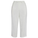 This is a product photo of a pair of plain white cropped pants shown flat against a white background. They have a relaxed fit, an elastic waistband, and a visible drawstring tie.