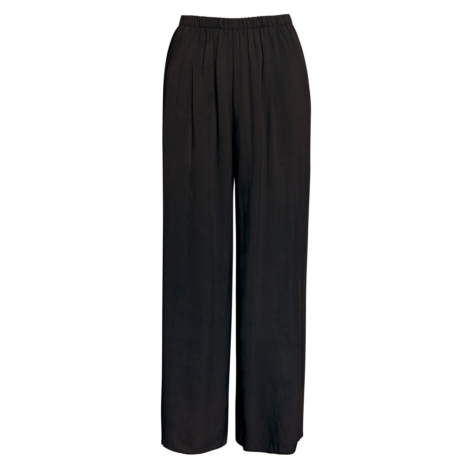 This image shows a pair of loose-fitting, floor-length black wide-leg trousers with an elasticated waistband, displayed flat on a white background.