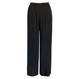 This image shows a pair of loose-fitting, floor-length black wide-leg trousers with an elasticated waistband, displayed flat on a white background.
