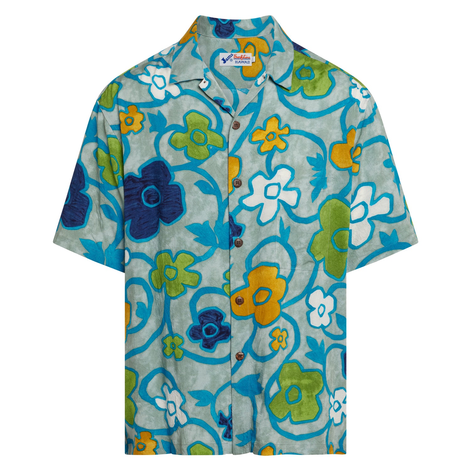 A short-sleeved, collared aloha shirt with a vibrant teal-blue background and a bold, stylized floral pattern in yellow, green, dark blue, and white is displayed flat against a white background.