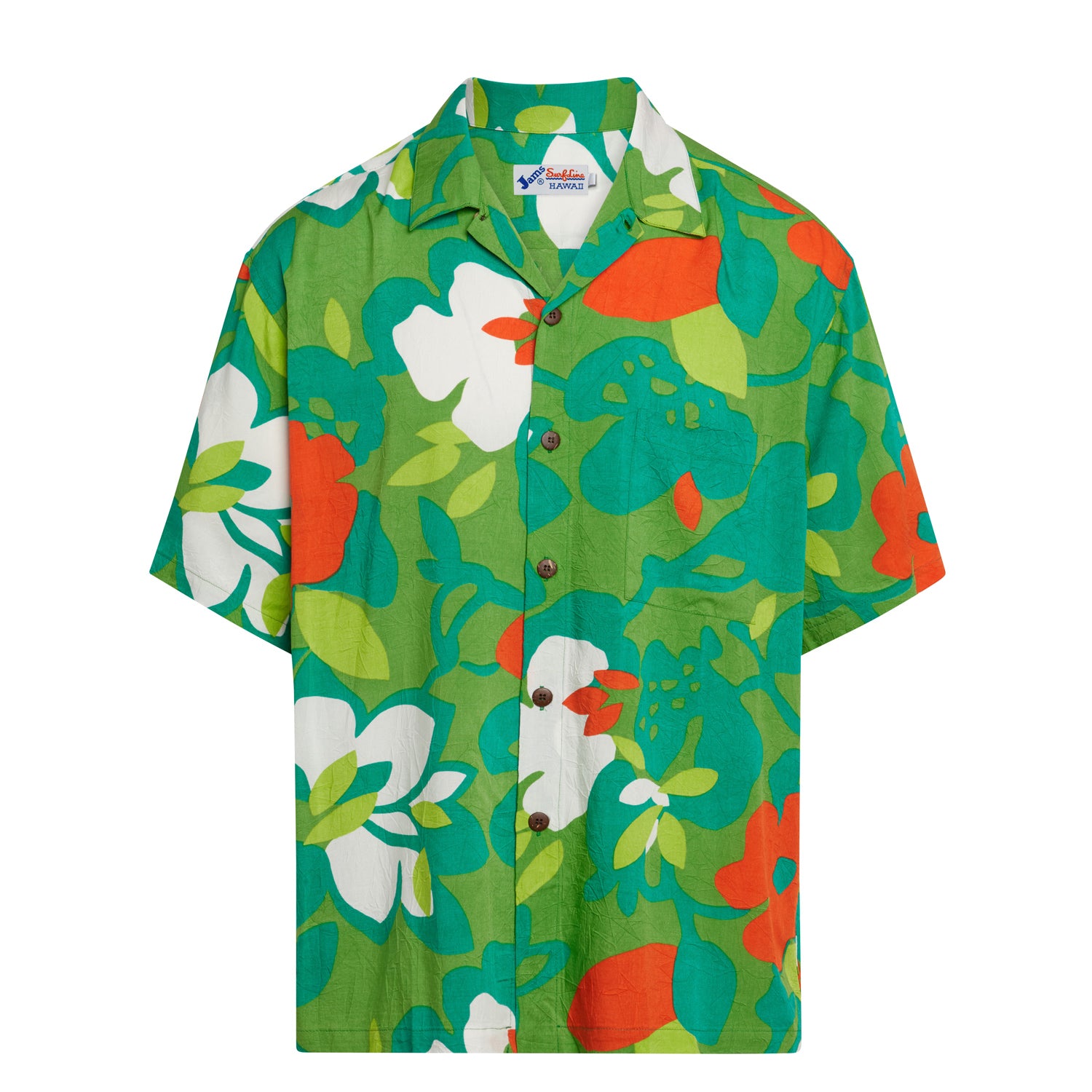 Product shot of a short-sleeve button-up shirt laid flat against a white background. The design uses a mix of bright green and dark teal for the foliage, with solid white and bold orange-red for the flowers and fruit shapes. The shirt has a camp collar, a single chest pocket, and is fastened with small, dark brown buttons.