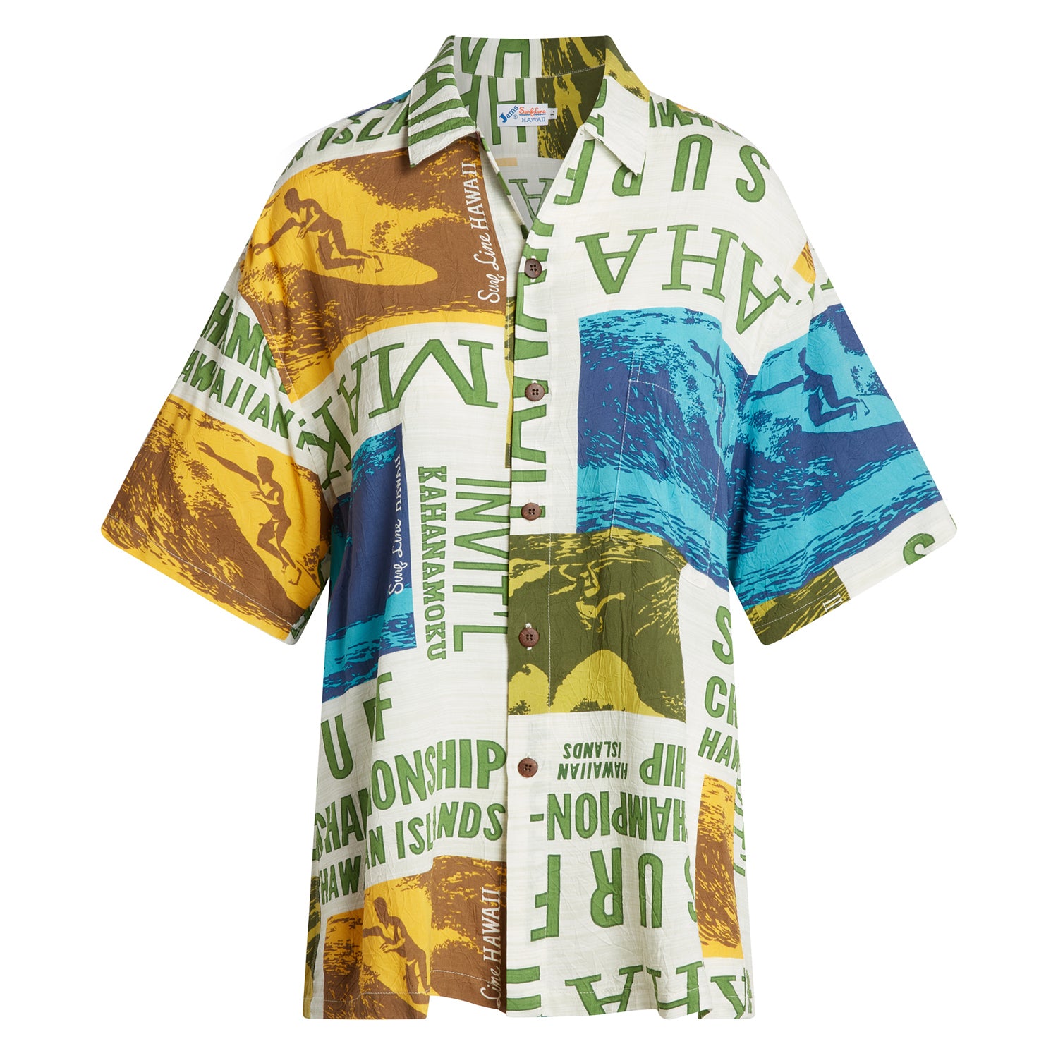 A short-sleeved, collared aloha shirt with a vibrant white and multi-colored surf-themed block pattern is shown flat against a white background, featuring large text and surfer illustrations in shades of green, blue, and brown.