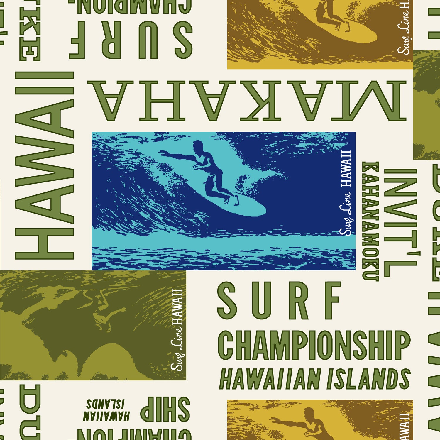 This is a close-up image of the shirt's fabric, showing the white and multi-colored pattern which includes dark green block lettering and rectangular illustrations of surfers riding waves in shades of blue, olive green, and dark brown.