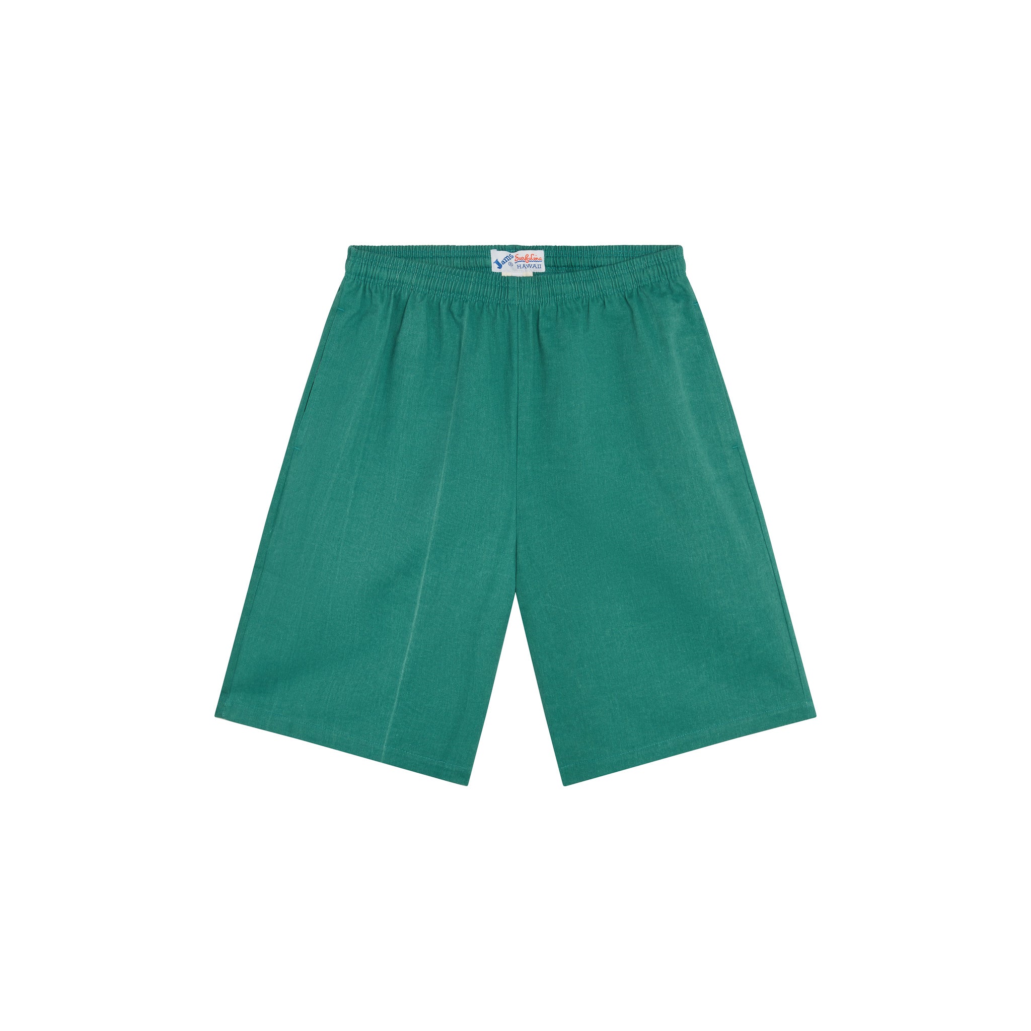 Product shot of a pair of solid-colored shorts laid flat against a white background. The shorts are a comfortable, casual fabric in a deep seafoam or teal green color. They feature a simple, relaxed fit, an elasticized waistband, and fall to approximately mid-thigh. A small brand tag is visible centered on the waistband.