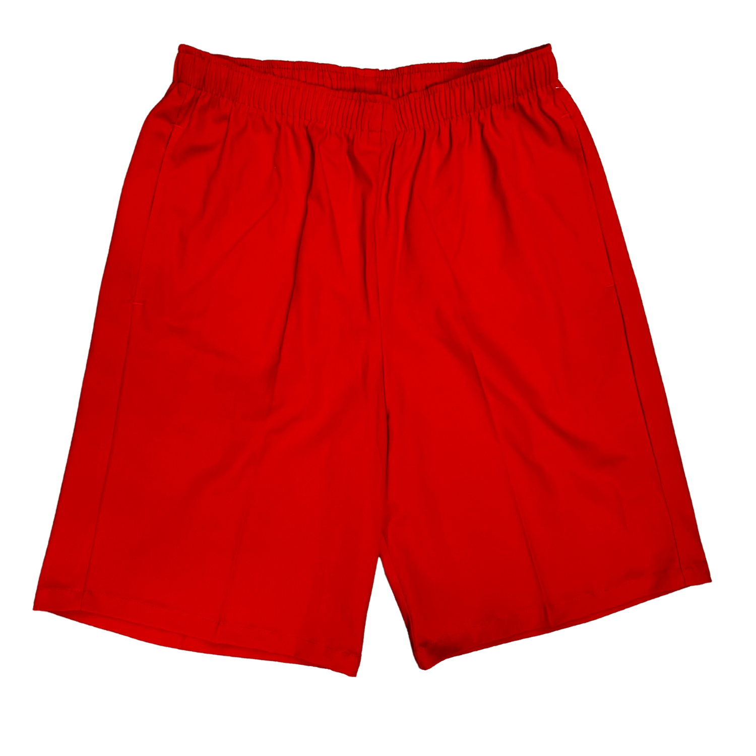 Front view of a pair of plain, bright red athletic shorts with an elastic waistband, laid flat against a white background.