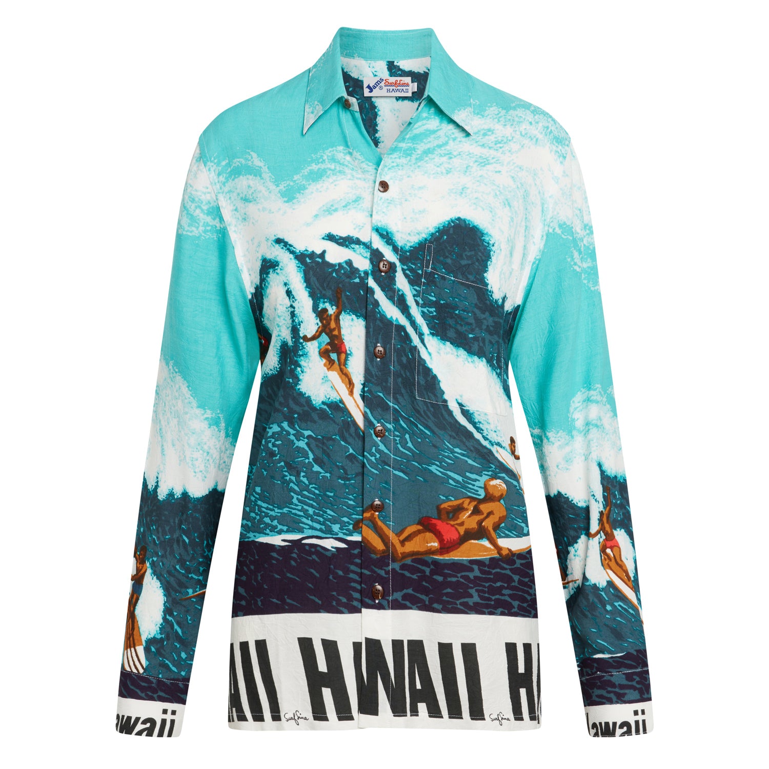 A long-sleeved button-down shirt displayed on a white background. The fabric features a bold, vintage-style print of ocean waves and surfers. The waves are a mix of bright turquoise and deep navy blue, with white foam. The bottom hem and sleeve cuffs feature a wide white band with the word "HAWAII" repeated in large black block letters. The shirt has a classic collar and dark buttons.