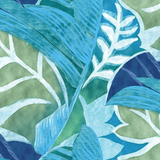 A close-up view of a vibrant, abstract tropical leaf pattern dominated by shades of blue and green. Large, stylized leaves fill the frame, appearing in dark navy, bright aqua blue with scratchy line details, and a muted sage green. Several leaves or leaf veins are outlined in bright white, creating contrast and depth.