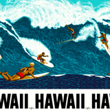 A close-up of the shirt's pattern, featuring a vivid, stylized illustration of a large blue ocean wave with white spray. Multiple surfers are depicted riding or paddling on white longboards. The bottom edge of the image features a wide white band with the repeating word "HAWAII" in bold black letters.