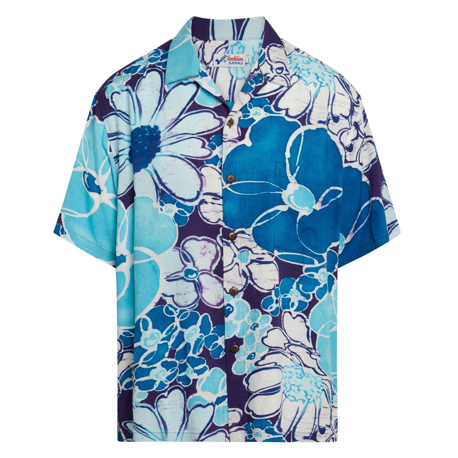A short-sleeved, collared aloha shirt featuring a bold floral pattern in shades of blue, white, and dark purple is displayed flat against a white background.