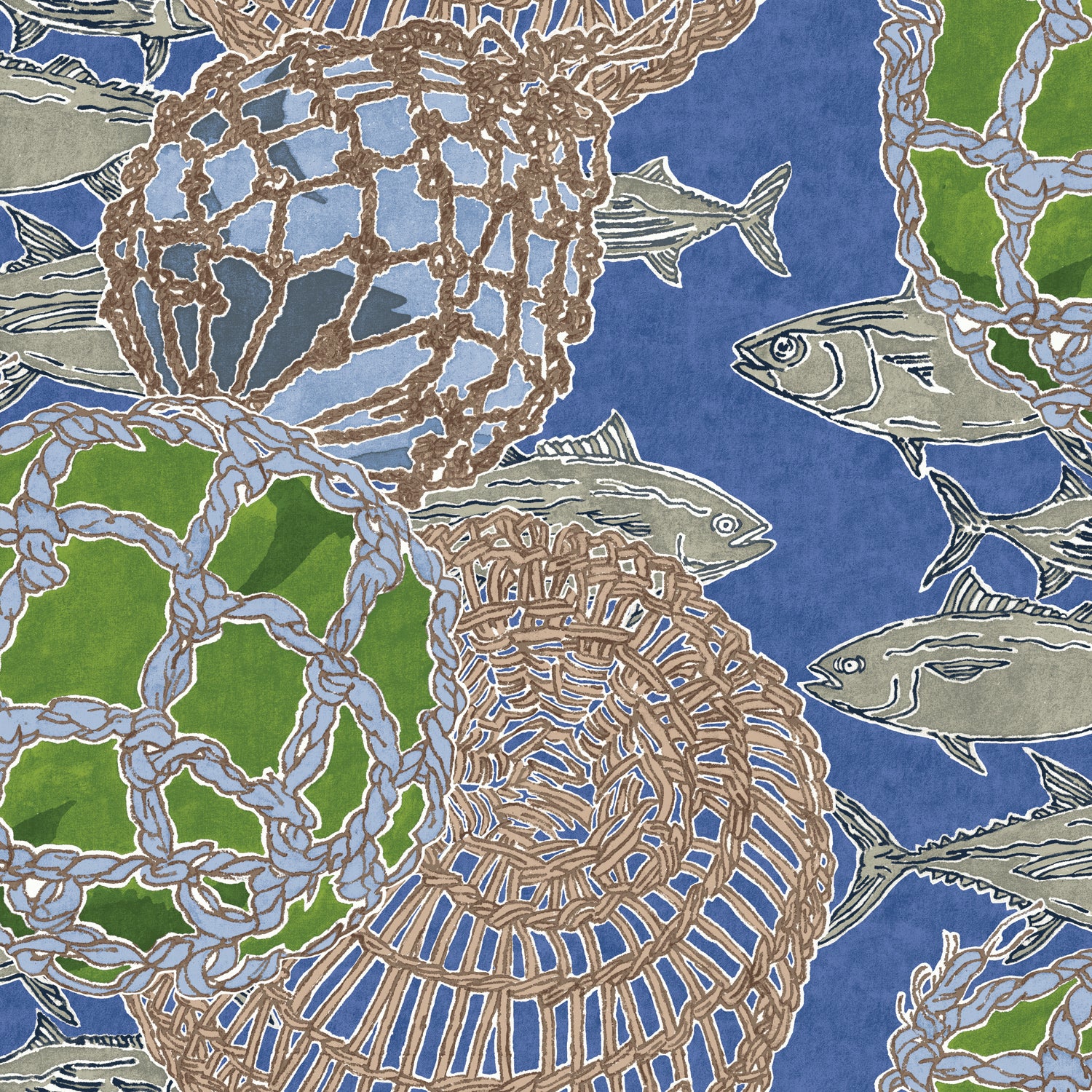 Close-up of the textile print, showcasing the detailed pattern of fishing nets, woven traps, and fish. The design features abstract shapes representing brown, woven basket traps and large green and blue netted floats or buoys. Swimming around these objects are stylized gray fish on a deep royal blue background.