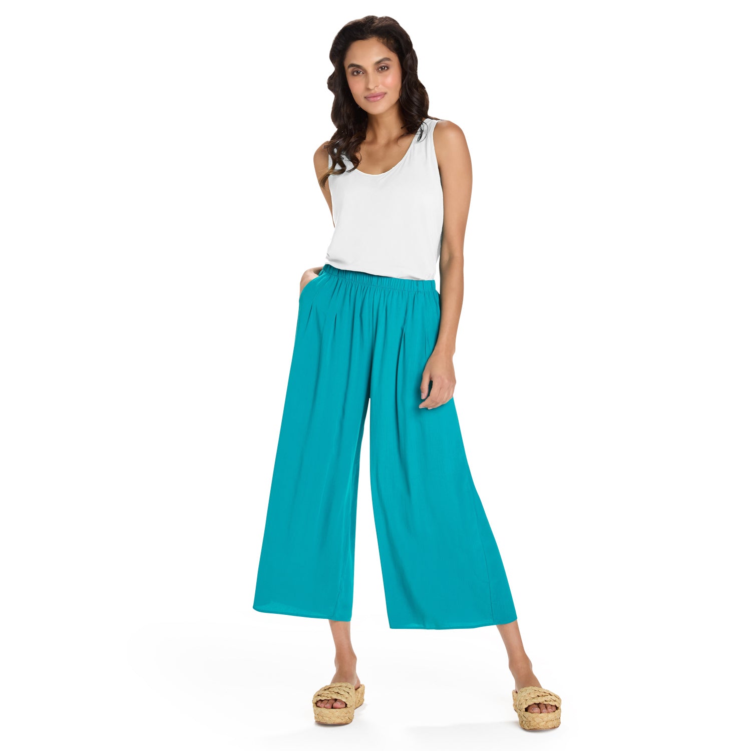 Solid Wide Leg Cropped Pants - Deep Sea