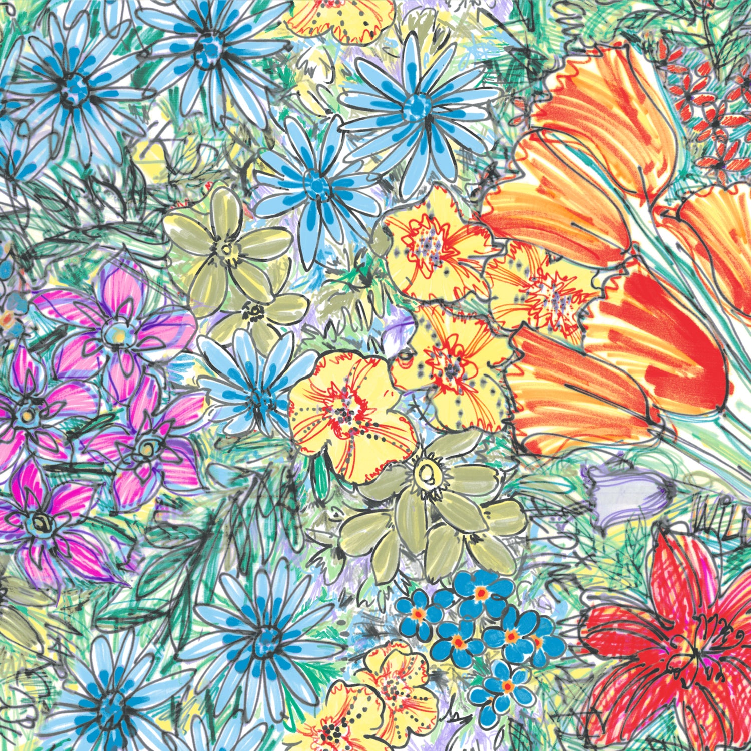 This is a close-up of a dense, artistic floral textile pattern. The design is highly detailed and looks like it was created with colored pencils and ink outlines. The print is crowded with various flowers: light blue starbursts, hot pink blooms, bright yellow daisies, and a cluster of large orange and red tulips dominating the right side. The background is a dense scribble of light green and blue foliage, creating an energetic, colorful garden scene.