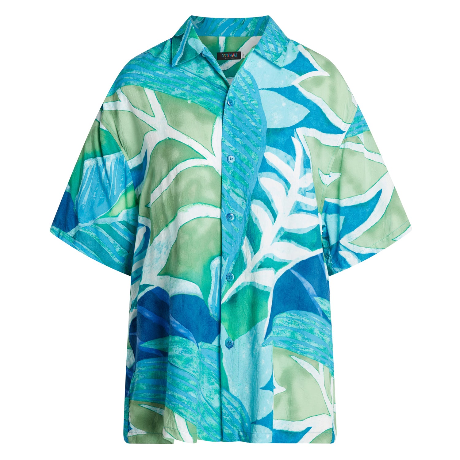 A short-sleeved, button-down Hawaiian-style shirt displayed on a white background. The fabric features an oversized, abstract tropical leaf print in various shades of blue, aqua, and pale sage green. The pattern uses broad, painterly strokes and features some leaf outlines in white. The shirt has a camp collar and light-colored buttons.