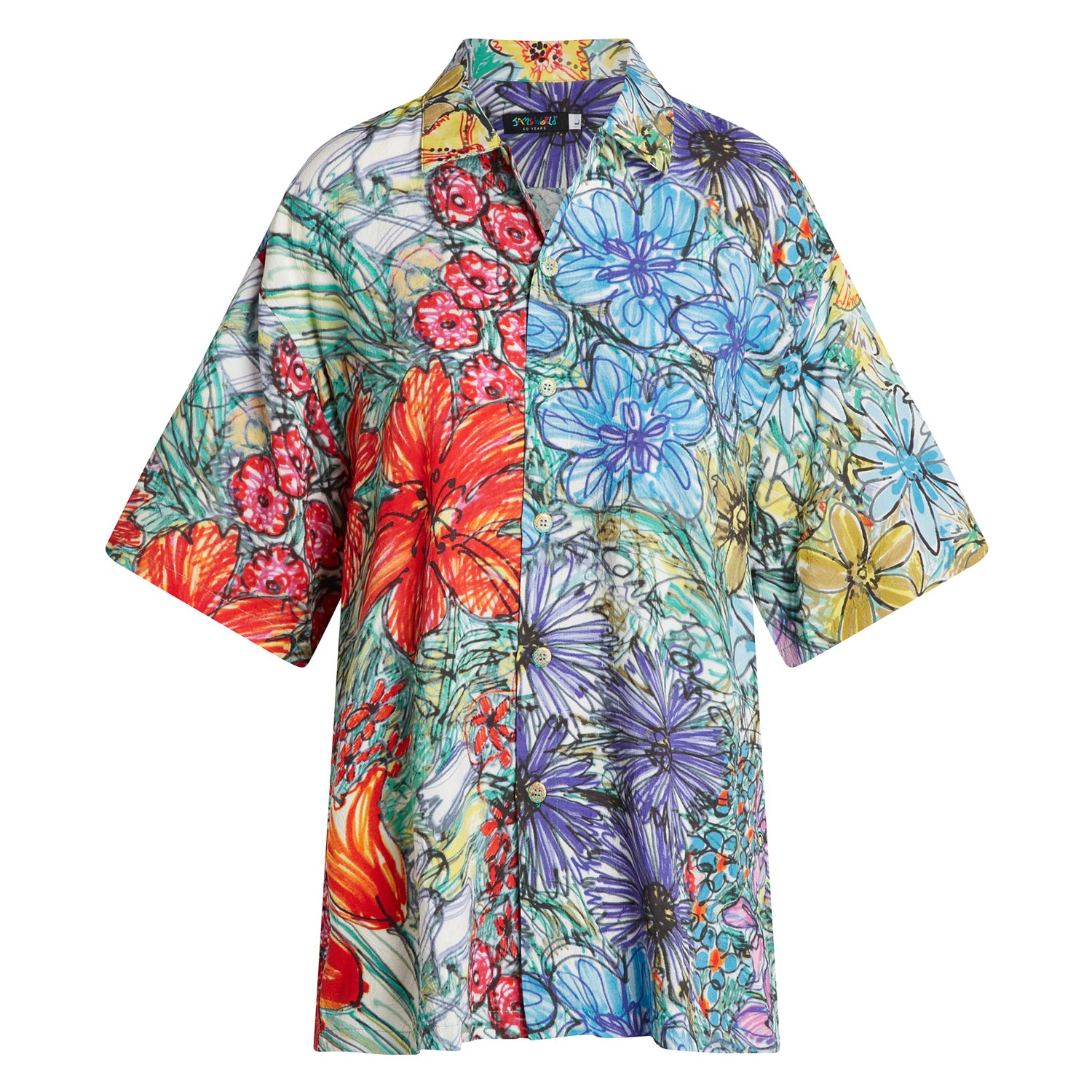 This is a product shot of a short-sleeve button-up shirt laid flat against a white background. The shirt features a split-panel design with two distinct, vibrant floral prints meeting vertically at the center placket. The left side is dominated by large red flowers and berries on a green and white background. The right side is dominated by a mix of large blue, purple, and yellow flowers on a mixed-color ground. The entire shirt is covered in an intense, sketched, and painterly floral design.