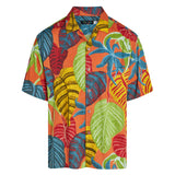 Product shot of a short-sleeve button-up shirt laid flat against a white background. The shirt displays the full vibrant tropical leaf print with the bright orange background. The leaves are colored in bold blocks of blue, yellow, green, and red. The shirt has a camp collar and is fastened with small, light-colored buttons.