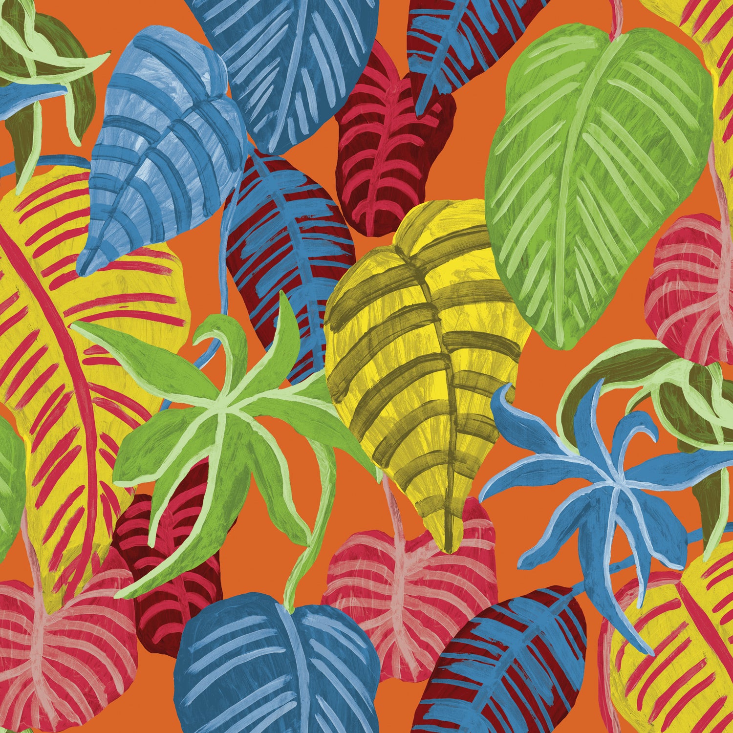 Close-up of the textile print, showcasing a dense, layered pattern of stylized tropical leaves. The leaves are painted with visible texture and thick brushstrokes in bold, highly contrasting colors: royal blue, yellow, red, lime green. All the leaves overlap against a solid bright orange background.