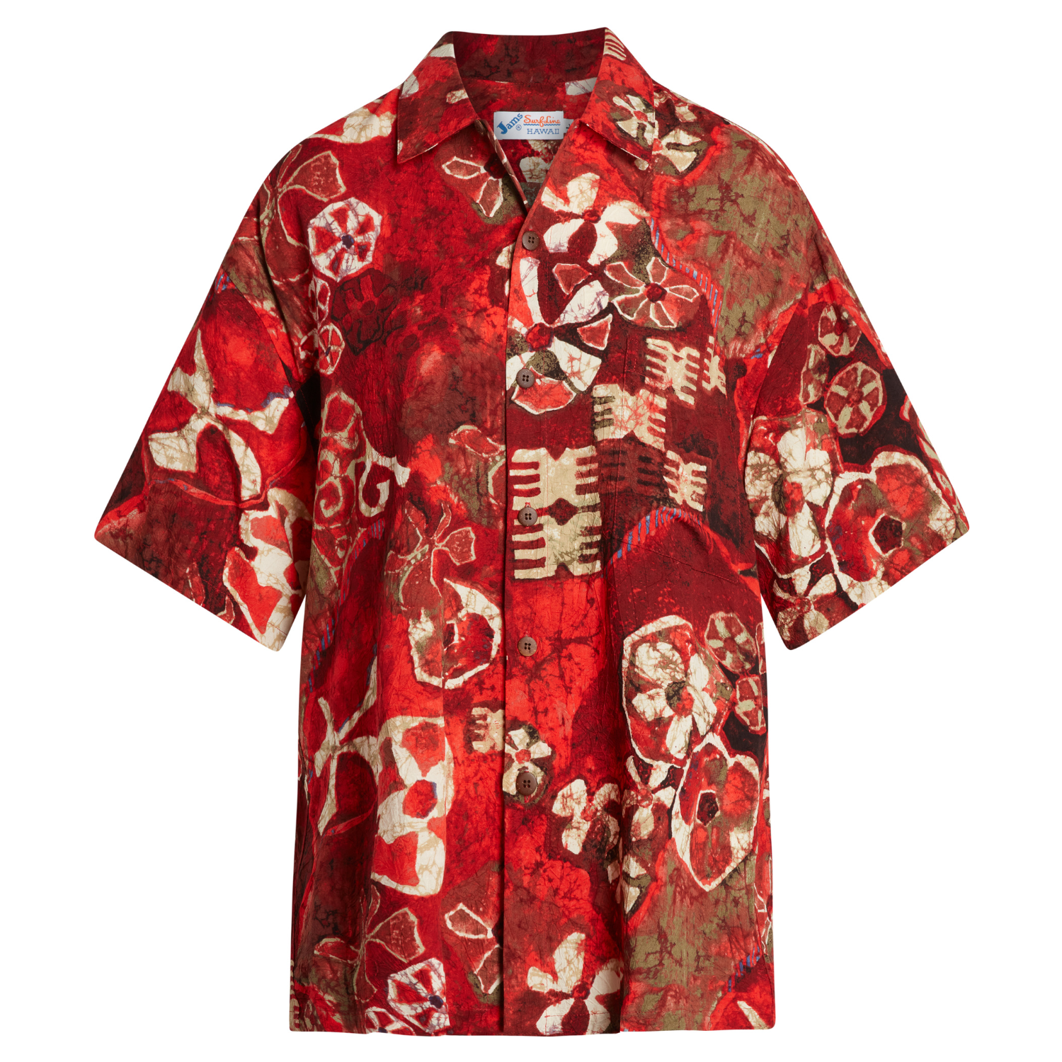 A short-sleeved, button-down Hawaiian-style shirt displayed on a white background. The fabric features a bold, abstract, and textured pattern in deep shades of red and burgundy, with contrasting shapes in cream/off-white and olive-brown. The pattern resembles a batik-style print with cracked lines and includes stylized floral shapes and geometric, tribal-like symbols. The shirt has a camp collar and dark brown buttons.