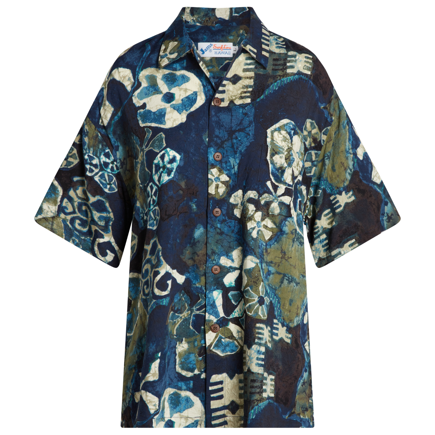 A short-sleeved, dark blue batik-style Hawaiian shirt with an abstract pattern of cream, light blue, and moss green floral and geometric shapes. It has a camp collar and brown buttons.