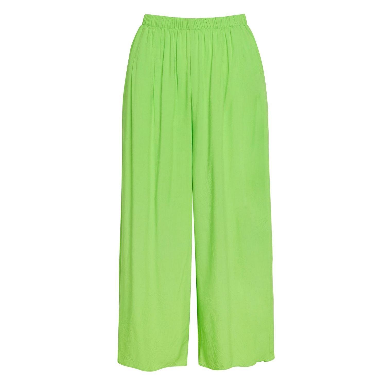 This image shows a pair of loose-fitting, lime green wide-leg pants with an elasticated waistband, displayed flat on a white background.