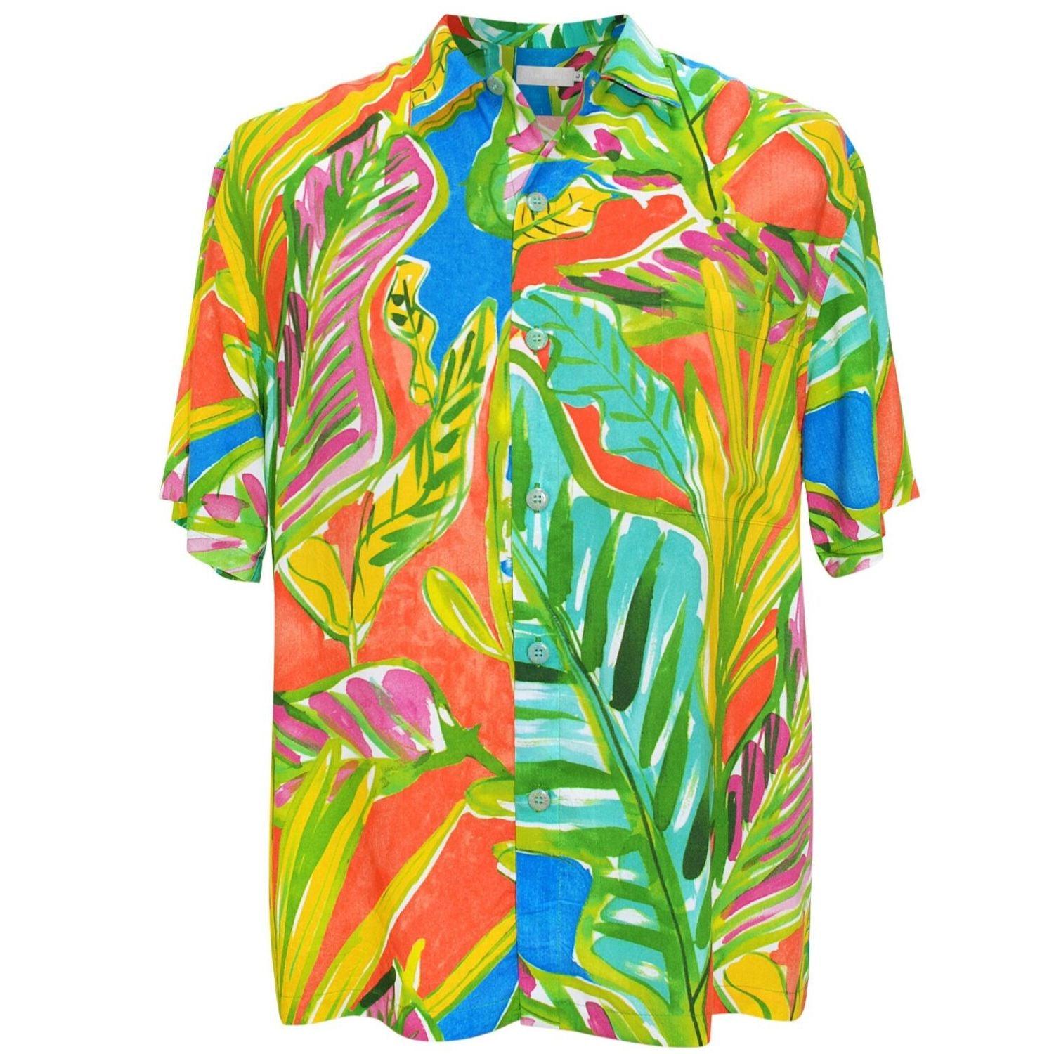 This is a flat studio shot of a short-sleeved men's collared shirt set against a white background. The shirt features an extremely vibrant, abstract tropical print dominated by bright colors like fuchsia, lime green, electric blue, and orange in a large-scale leaf pattern.