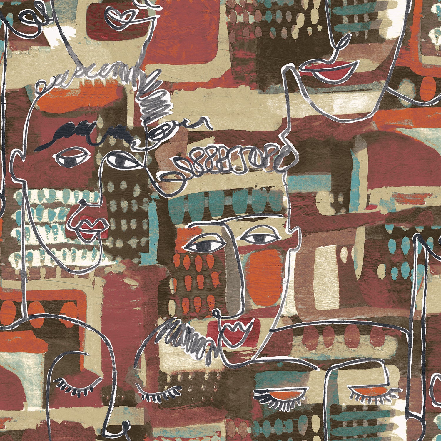 This is another close-up image of the same abstract face print with warm, earthy colors like rust red, brown, tan, and dark gold, accented with teal blue and bright red lips.