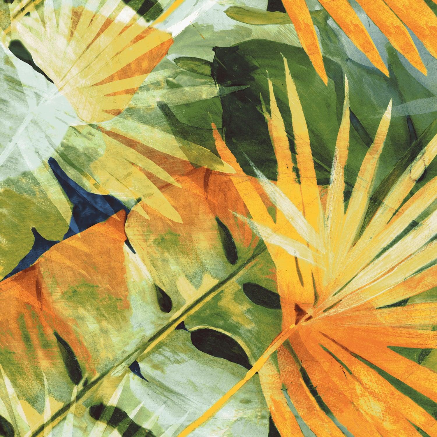 This image is a close-up detail of the fabric print, showing the layered, painterly texture of the orange and yellow palm leaves over various shades of green monstera and other tropical leaves. The colors are intense and the brushstrokes give the design an artistic, painted feel.