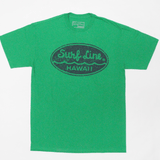 Front of heather green short-sleeved cotton T-shirt featuring a large distressed dark blue oval logo centered on the chest. Inside the oval, a heather green Surf Line is written in a cursive script across the top half, with a heather green wave line beneath, followed by a heather green HAWAII in capital letters at the bottom.