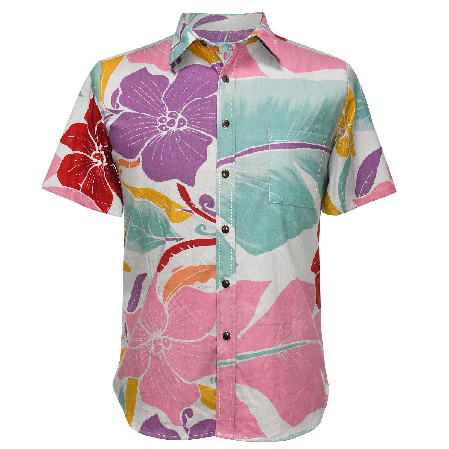 This is a flat studio shot of the men's collared shirt set against a white background, clearly showcasing its vibrant, large-scale print. The shirt features an abstract design of stylized hibiscus flowers and leaves in various bright colors including deep purple, candy pink, and aqua blue.