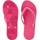 Image is of a pair of bright magenta or hot pink flip-flops. They feature the same textured sole and the thin, studded strap.
