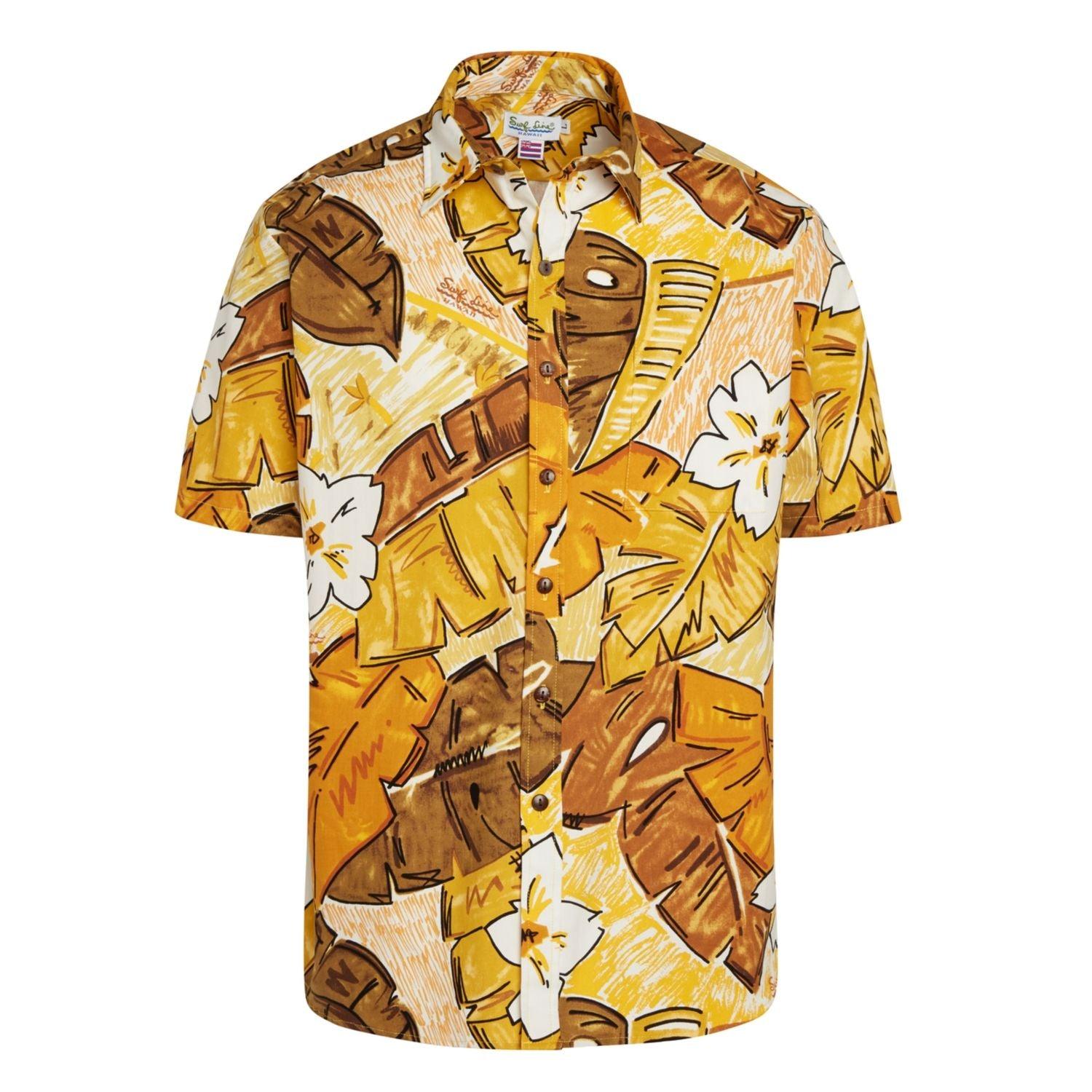 This image displays a short-sleeved, button-up Hawaiian shirt laid flat against a white background. The shirt features a vibrant pattern of tropical leaves and white hibiscus flowers in shades of golden yellow, light yellow, and dark brown.
