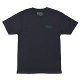 Front of a navy short-sleeve cotton T-shirt featuring a small distressed blue oval logo on the left chest. Inside the oval, the words Since 1964 appear in blue at the top, Surf Line is written in lime green script across the center with small blue wave lines underneath, and Hawaii is printed in blue at the bottom.