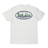 White t-shirt with 'Surf Line Hawaii' logo on the back against a white background