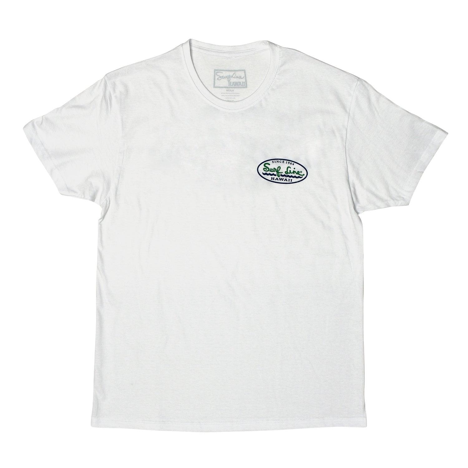 Front of a white short-sleeve cotton T-shirt featuring a small distressed navy blue oval logo on the left chest. Inside the oval, the words Since 1964 appear in navy blue at the top, Surf Line is written in lime green script across the center with small navy blue wave lines underneath, and Hawaii is printed in navy blue at the bottom.