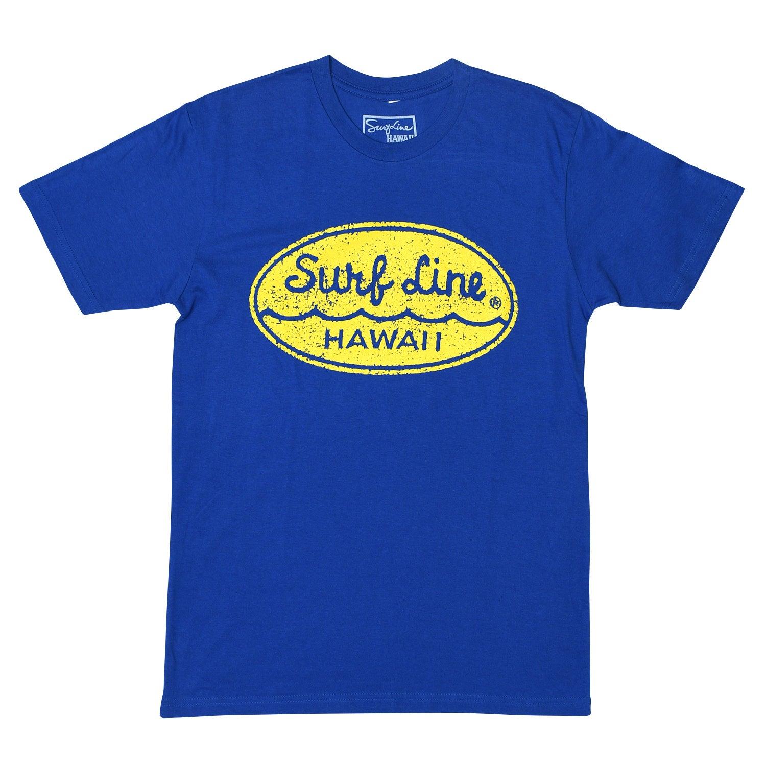 Front of a royal blue short-sleeve cotton T-shirt featuring a large distressed yellow oval logo centered on the chest. Inside the oval, a royal blue Surf Line is written in a cursive script across the top half, with a royal blue wavy underline and the word HAWAII in royal blue printed in block letter beneath it.