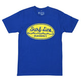 Front of a royal blue short-sleeve cotton T-shirt featuring a large distressed yellow oval logo centered on the chest. Inside the oval, a royal blue Surf Line is written in a cursive script across the top half, with a royal blue wavy underline and the word HAWAII in royal blue printed in block letter beneath it.