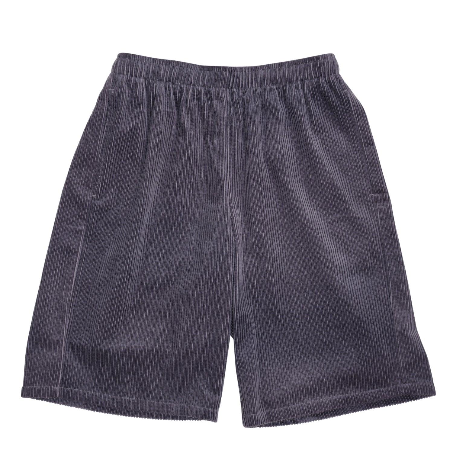 This image displays a pair of gray corduroy shorts laid flat against a white background, viewed from the front. The shorts have an elastic waistband and a consistent ribbed texture throughout.