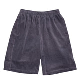 This image displays a pair of gray corduroy shorts laid flat against a white background, viewed from the front. The shorts have an elastic waistband and a consistent ribbed texture throughout.