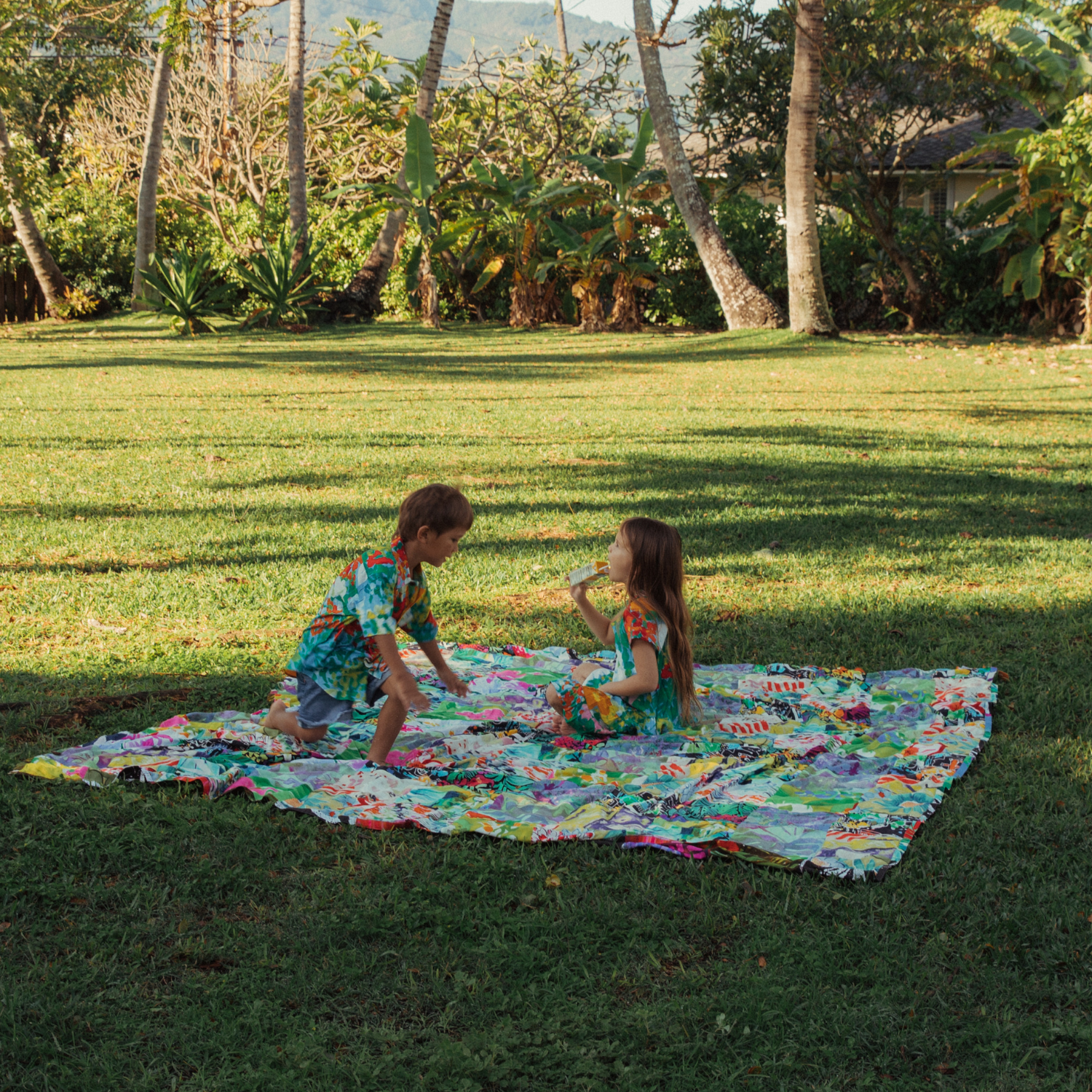 Two children, a boy and a girl, are sitting and interacting on a bright, patterned picnic blanket on a large, manicured lawn surrounded by tropical trees and distant mountains under a clear sky.