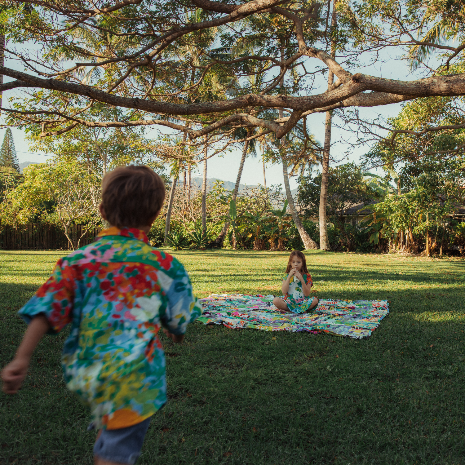 A boy, wearing a colorful shirt matching the blanket, is walking toward the camera with his back to the viewer, while a girl sits quietly on the patterned blanket far in the background beneath the wide, spreading branches of a large tree.