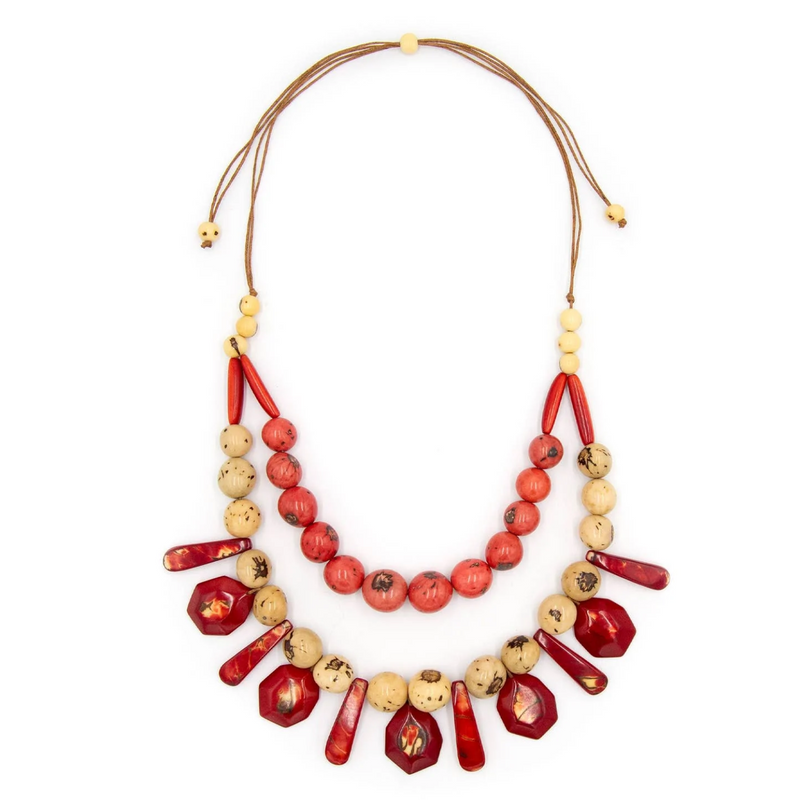 Tagua Nut Pam Necklace - Poppy Coral Red
