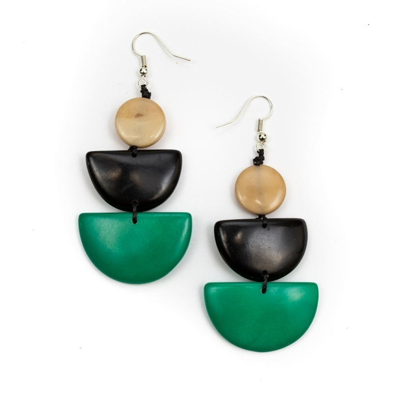 Tagua Nut Divina Earrings - Esmerald Green Black Combo