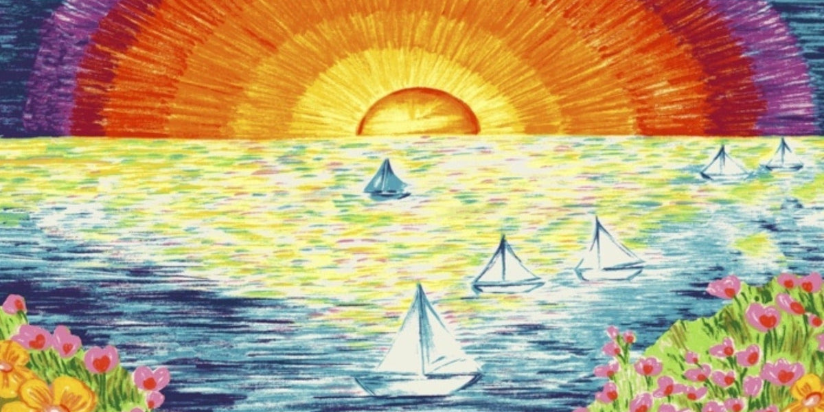 Œuvre d'art colorée représentant un coucher de soleil, des bateaux sur l'eau entourés de fleurs.