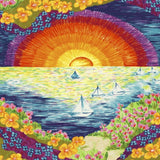 Colorful artwork of the sunset, boats in water surrounded by flowers.