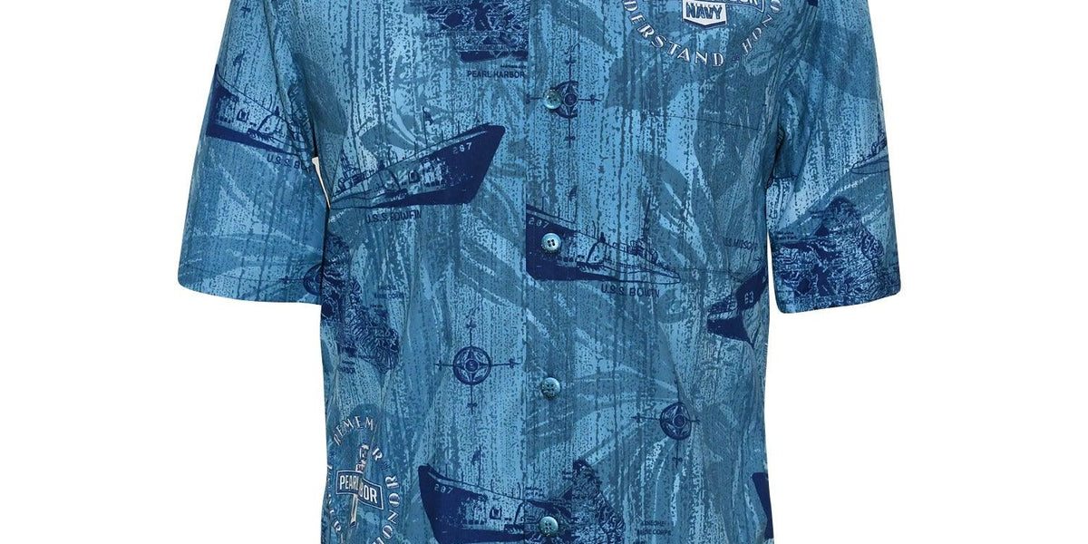 Blue Pearl Harbor Remembrance shirt. Floral sketch background with navy blue sketch ships.
