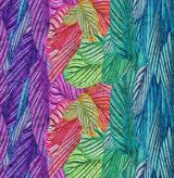 Colorful leaf pattern with purple, green, blue, and pink leaves on a textured background.