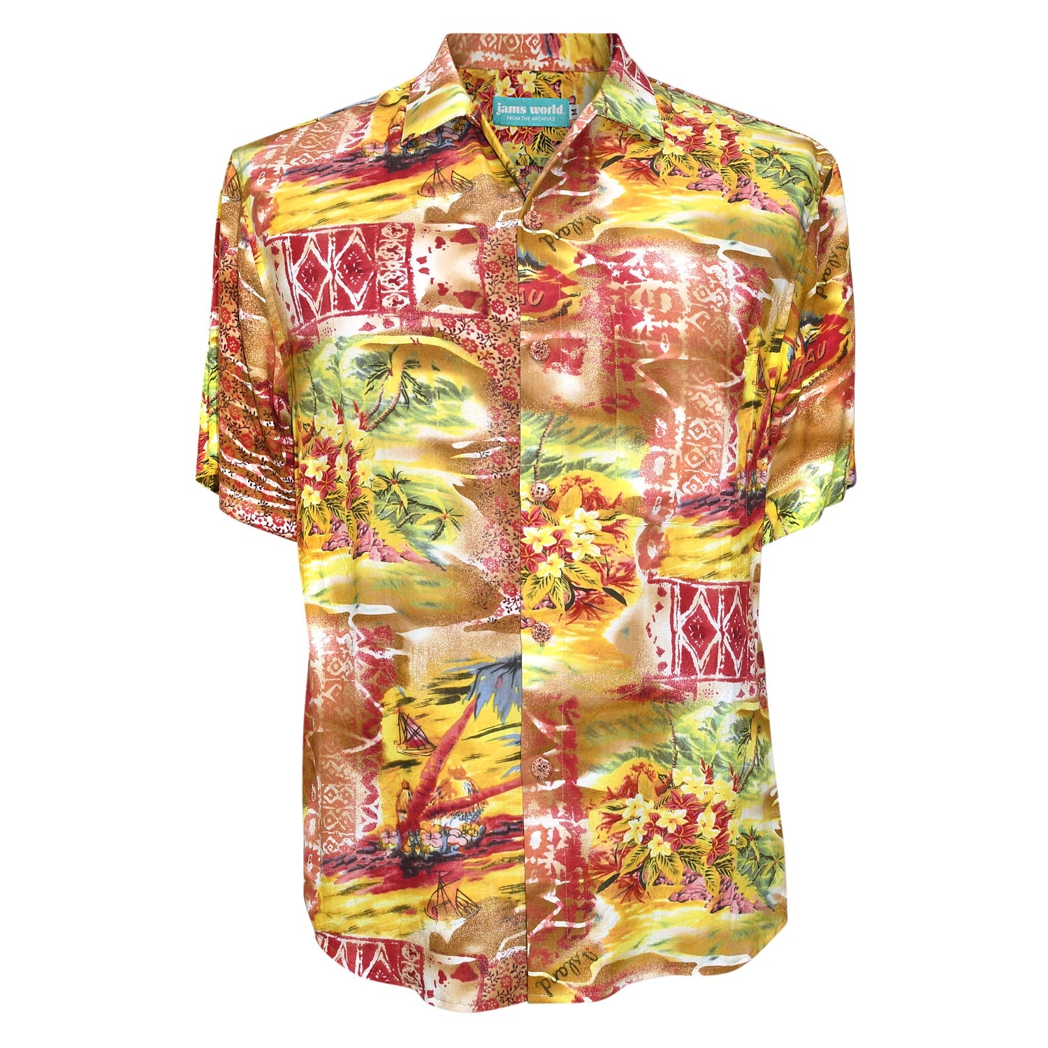Colorful Hawaiian shirt with floral patterns on a white background
