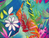Vibrant abstract tropical floral artwork with layered leaves and flowers in bright blue, green, pink, red, orange, yellow, and purple tones.