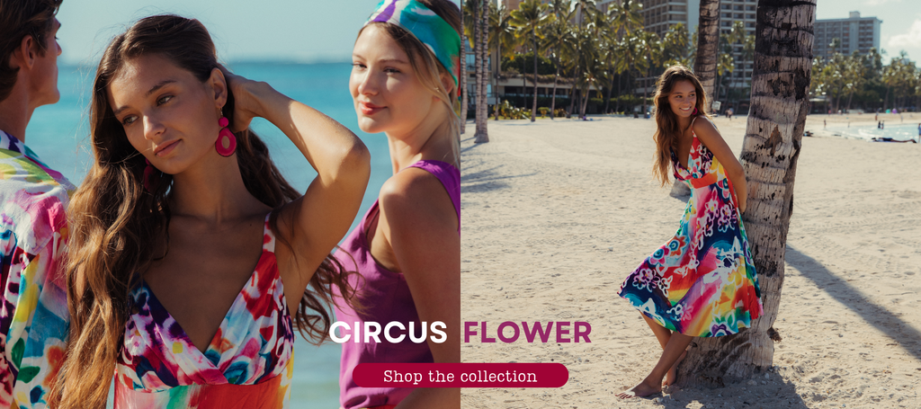 Image of Circus Flower Collection in which Girls wearing a Ci Ci Dress of Circus Flower print near beach.